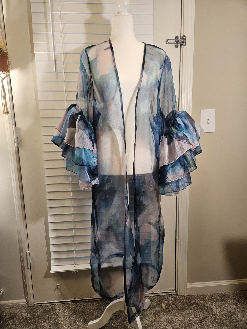Anthropologie Sheer Watercolor Kimono Duster Ruffle Sleeve One Size - Picture 4 of 9